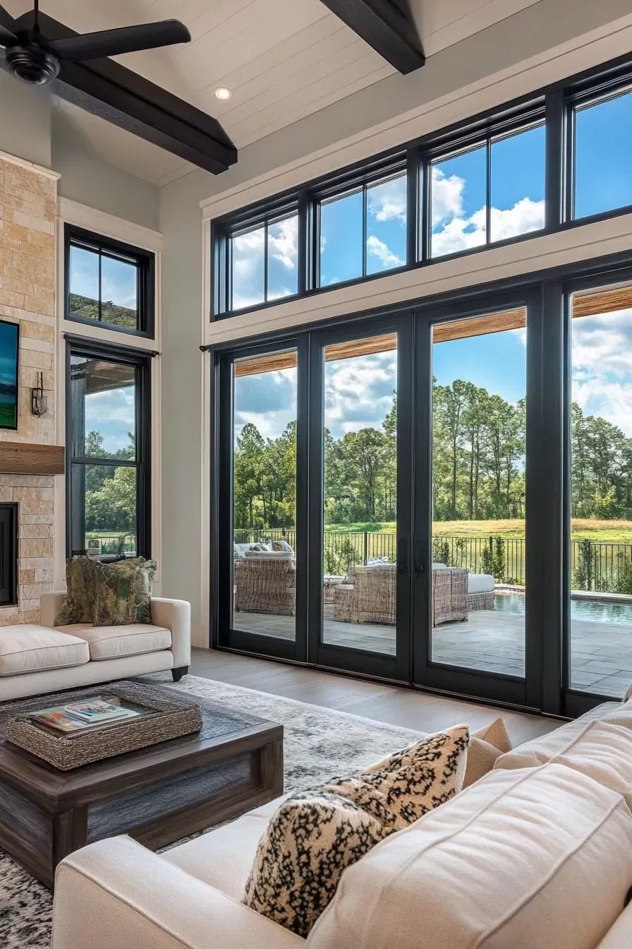 Living room with black-framed impact patio doors opening to a pool view