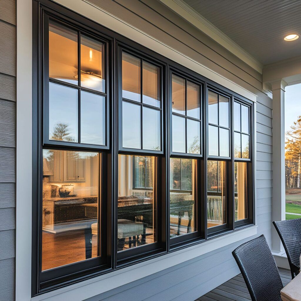 Black-framed impact windows on a covered porch